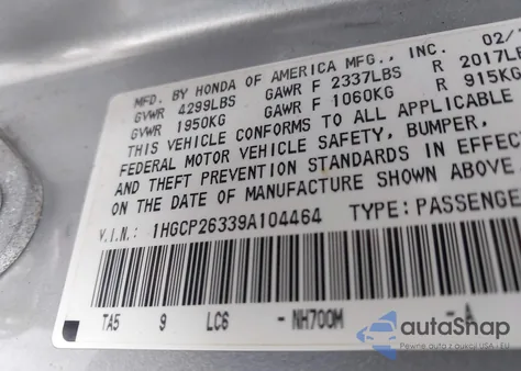 2009 Honda Accord 2.4 Lx z USA, uszkodzony, nr VIN 1HGCP26339A104464